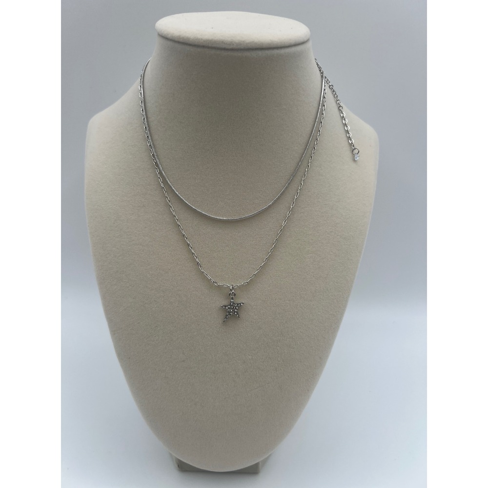 Silver Tone Layered Star Pendant Necklace Rhinestone Celestial Double Chain